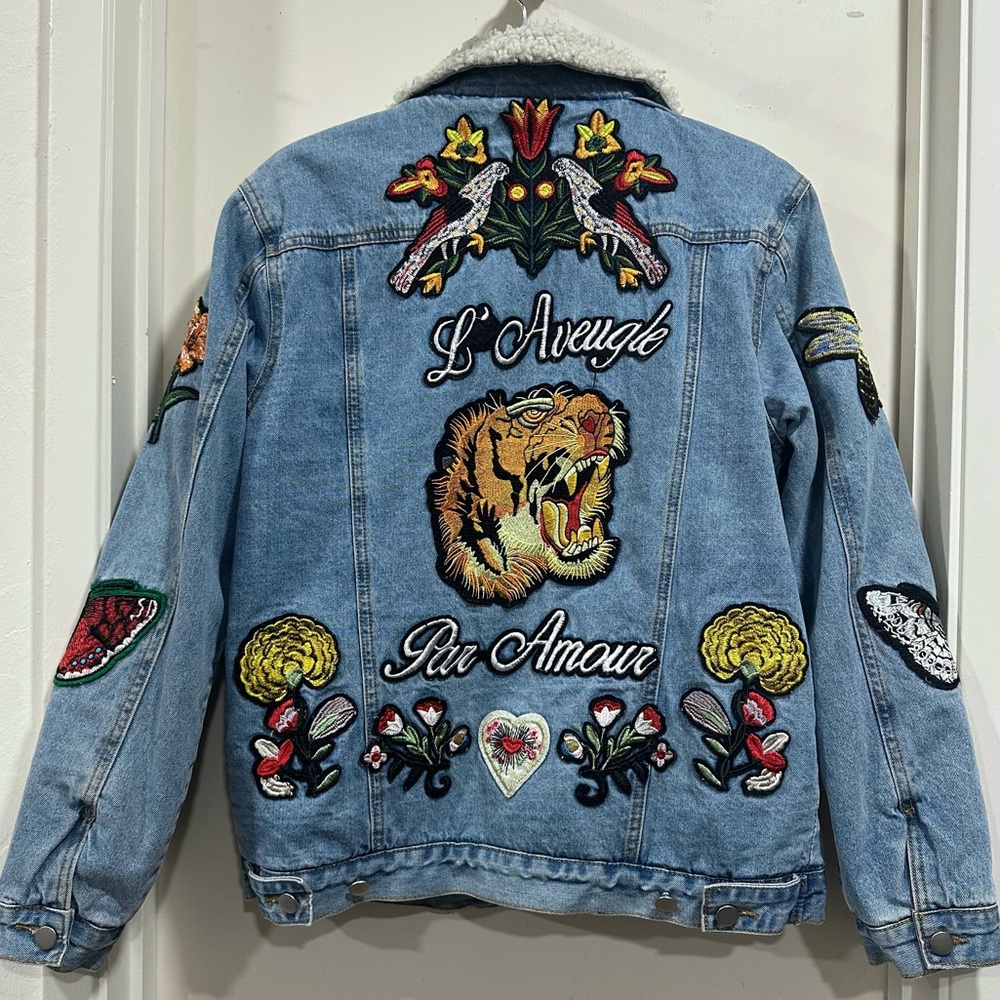 Embroidered Denim Jacket with Shearling Collar